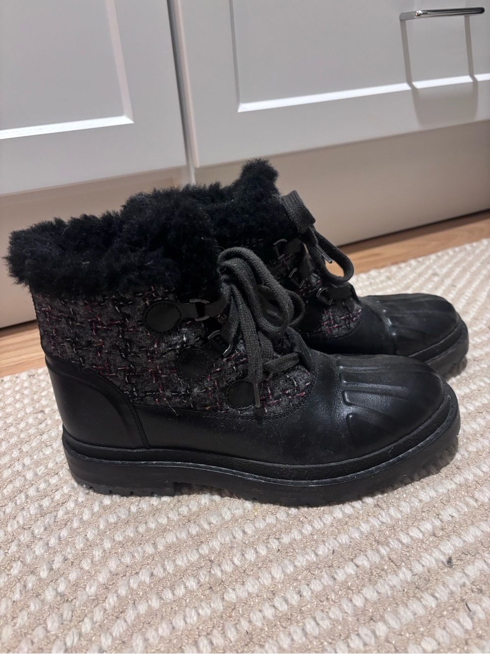 CHANEL Black Faux-Fur Lace-Up Winter Boots with Tweed Upper